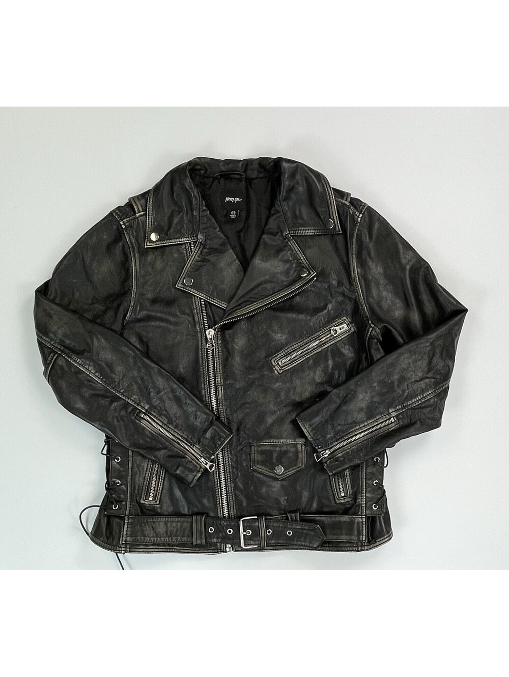 Nasty Gal Distressed Real Leather Moto Biker Jacket Black Belted Lace Up Size 4